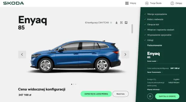 Niebieski Skoda Enyaq 85. Cena widocznej konfiguracji to 247 100 zł. Sprawdź skoda enyaq cena i opcje finansowania.