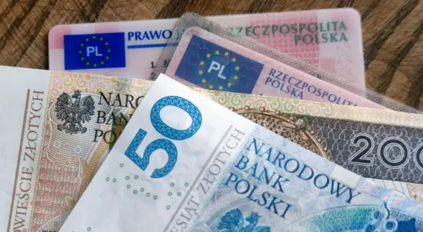 Polskie prawo jazdy i banknoty 50 zł, 200 zł na drewnianym tle.