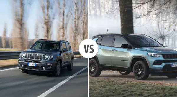 Dwa jeep suv: ciemny Renegade na drodze i jasny Compass na tle drzew.