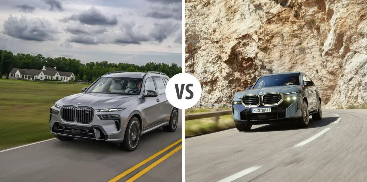 Dwa BMW: srebrne na tle posiadłości i szare na skalistej drodze. Czy to zapowiedź nowego BMW X8?