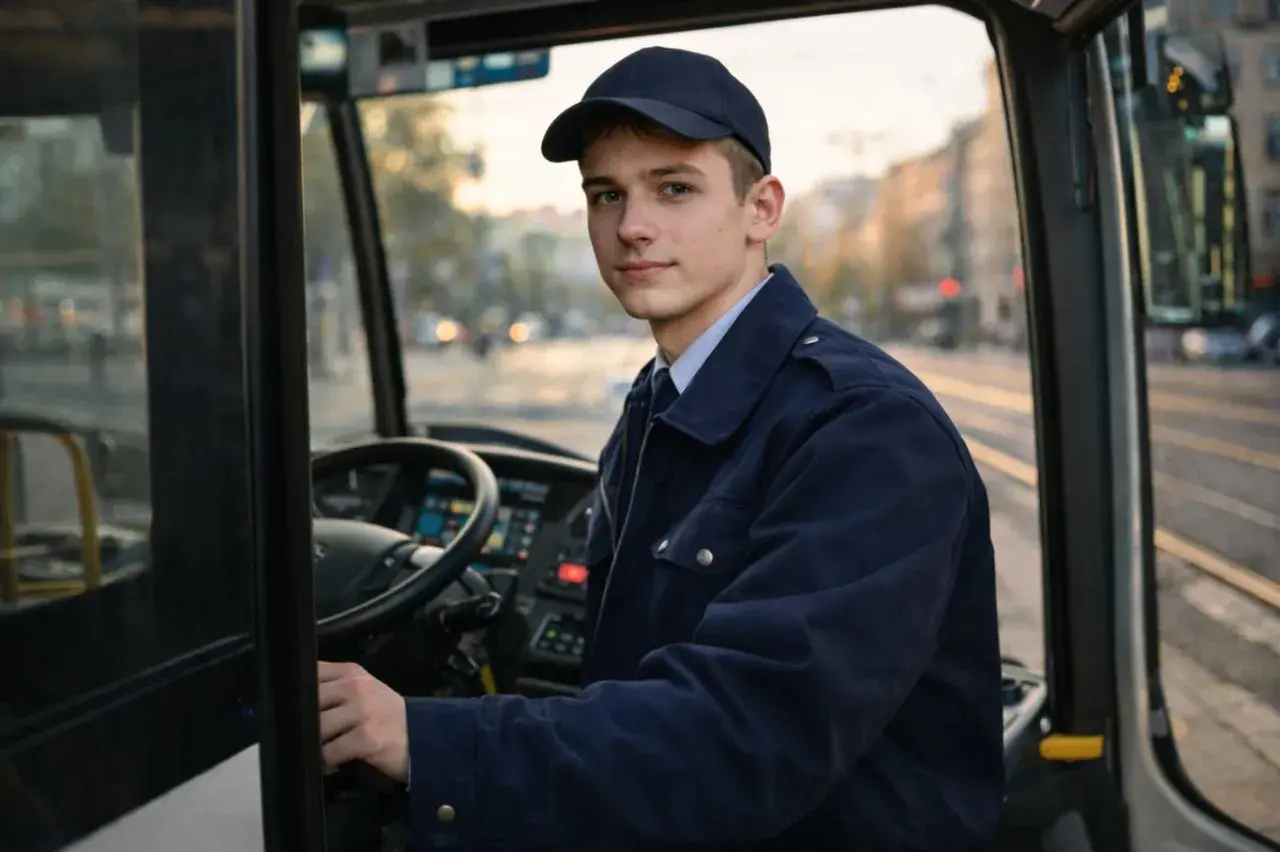 Młody kierowca autobusu, dumny ze swojego nowego prawa jazdy kat D, siedzi za kierownicą.