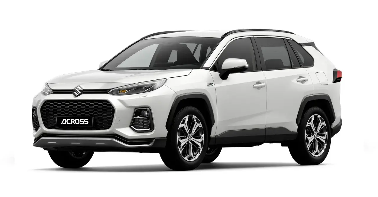 Biały Suzuki Across z czarną atrapą chłodnicy i napisem "ACROSS". Stylowy SUV gotowy na każdą podróż.