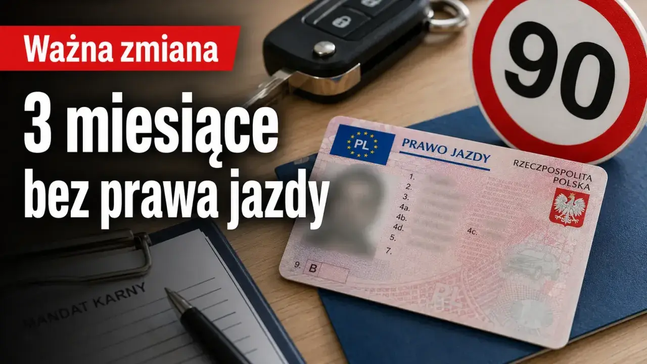 Kluczyki, prawo jazdy i znak 90. Na pierwszym planie formularz "Mandat karny". Grozi 3 miesiące bez prawa jazdy.
