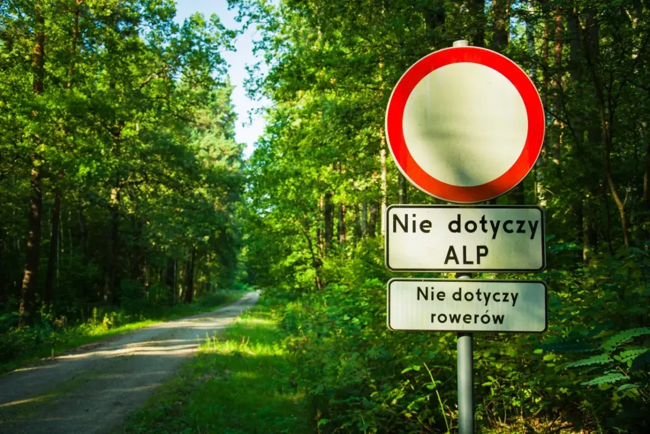 Znak zakaz ruchu na leśnej drodze. Nie dotyczy ALP i rowerów.