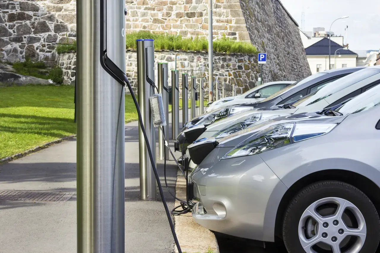 Rząd samochodów elektrycznych podłączonych do ładowarek na tle kamiennego muru.