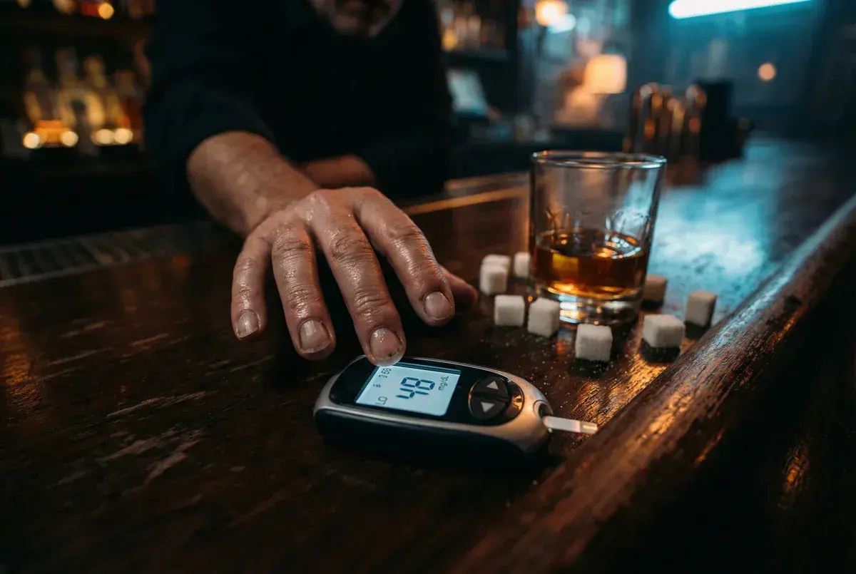 Mężczyzna z cukrzycą mierzy poziom glukozy. Obok szklanka whisky i kostki cukru, sugerujące śmiertelna dawka alkoholu we krwi.