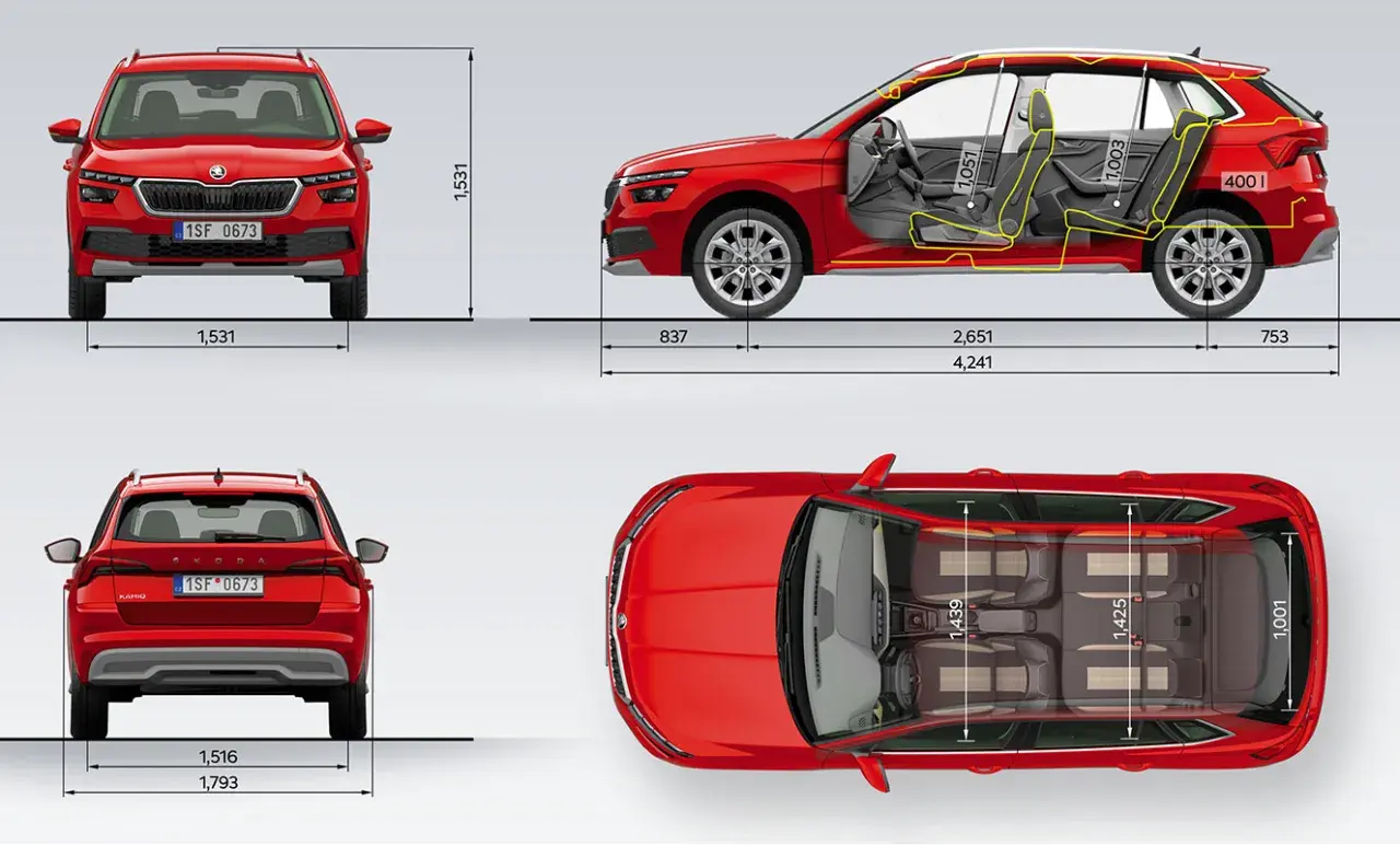 Szczegółowe skoda kamiq wymiary: wysokość 1531 mm, szerokość 1793 mm, długość 4241 mm. Wnętrze oferuje 1051 mm miejsca na nogi z przodu i 1003 mm z tyłu.