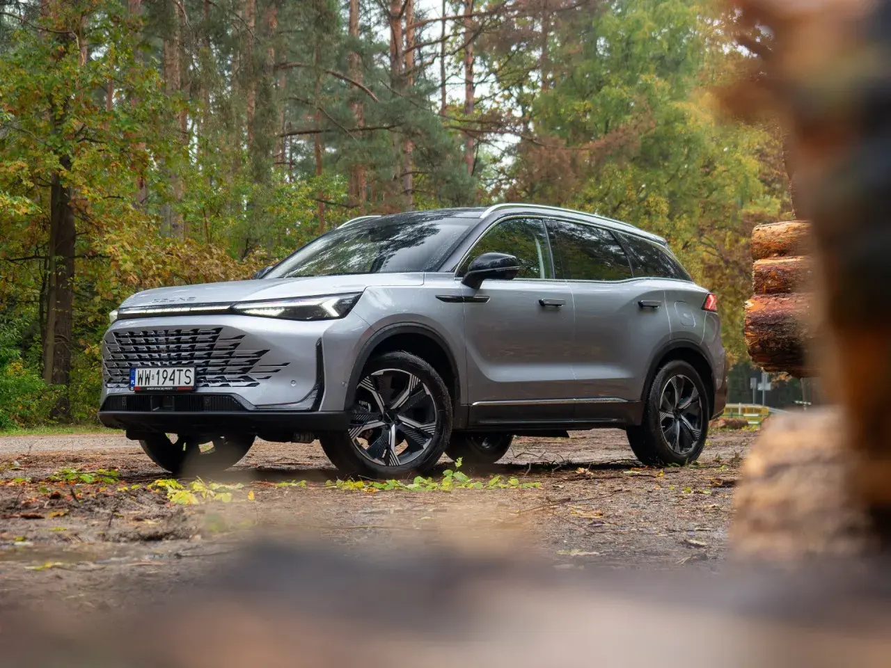 Srebrny SUV w lesie, gotowy na przygodę. Wiele osób chwali go w baic 7 opiniach za styl i osiągi.