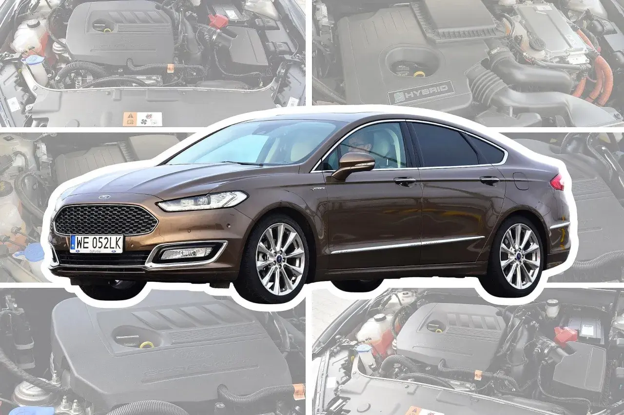 Brązowy Ford Mondeo MK5, z widocznym silnikiem hybrydowym i EcoBoost.