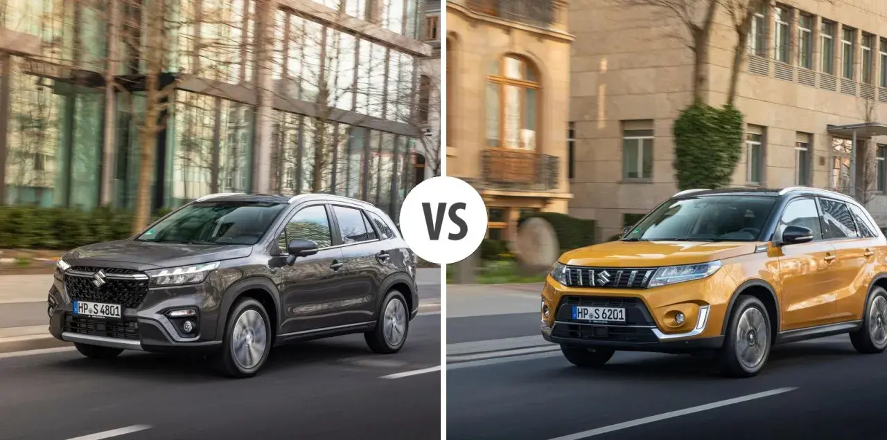 Szary i żółty suzuki suv jadące po ulicach miasta.
