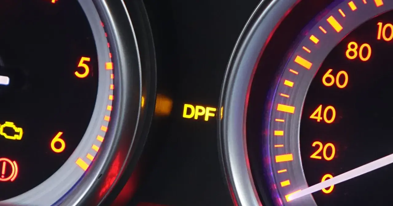 Żółta kontrolka DPF świeci się na desce rozdzielczej, sygnalizując problem z filtrem cząstek stałych.