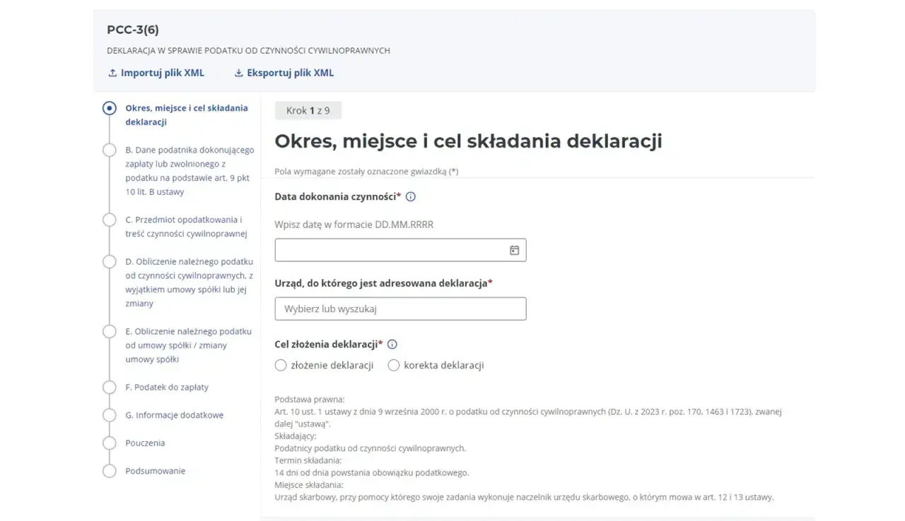 Formularz PCC-3(6) - Okres, miejsce i cel składania deklaracji. Wpisz datę dokonania czynności, wybierz urząd skarbowy.