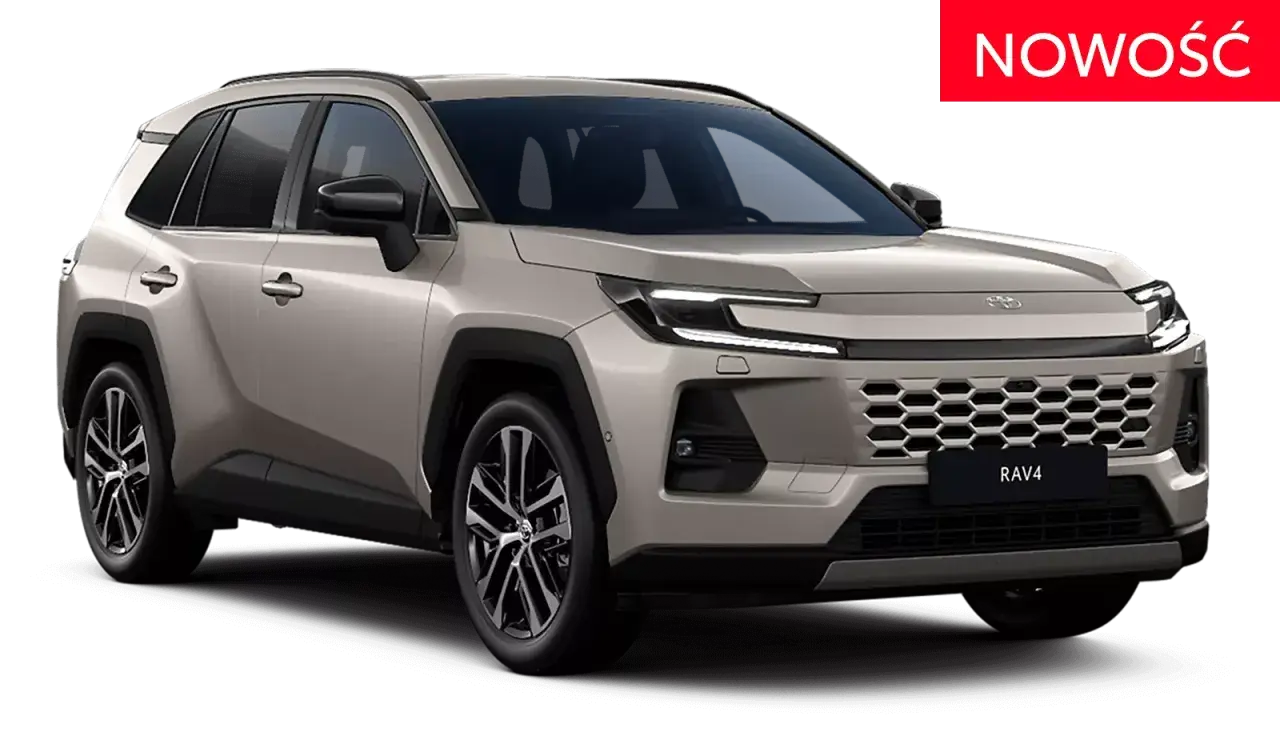 Nowy, beżowy Toyota RAV4 z nowoczesnym grillem i światłami LED. Czerwony napis "NOWOŚĆ" informuje o premierze.