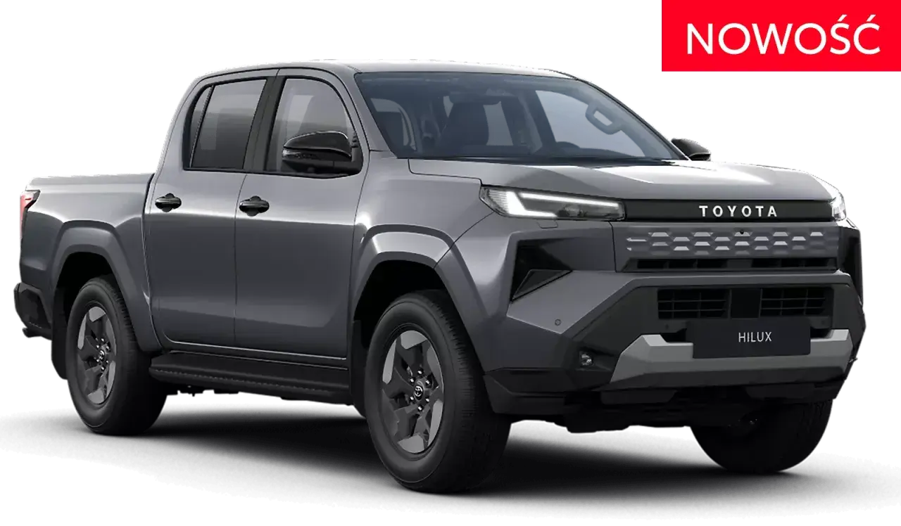 Nowy Toyota Hilux 2025 w szarym kolorze, gotowy na każdą przygodę. Nowoczesny design i moc w terenowym stylu.