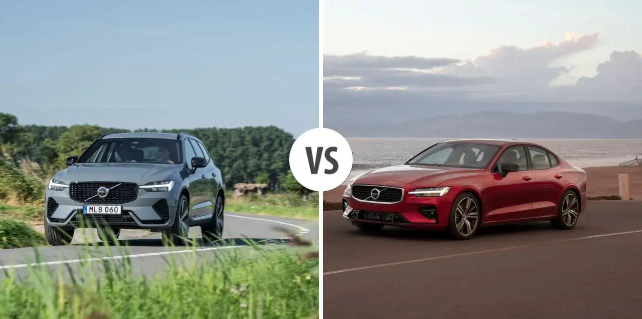 Szary Volvo XC60 na krętej drodze kontra czerwone Volvo S60 nad morzem.