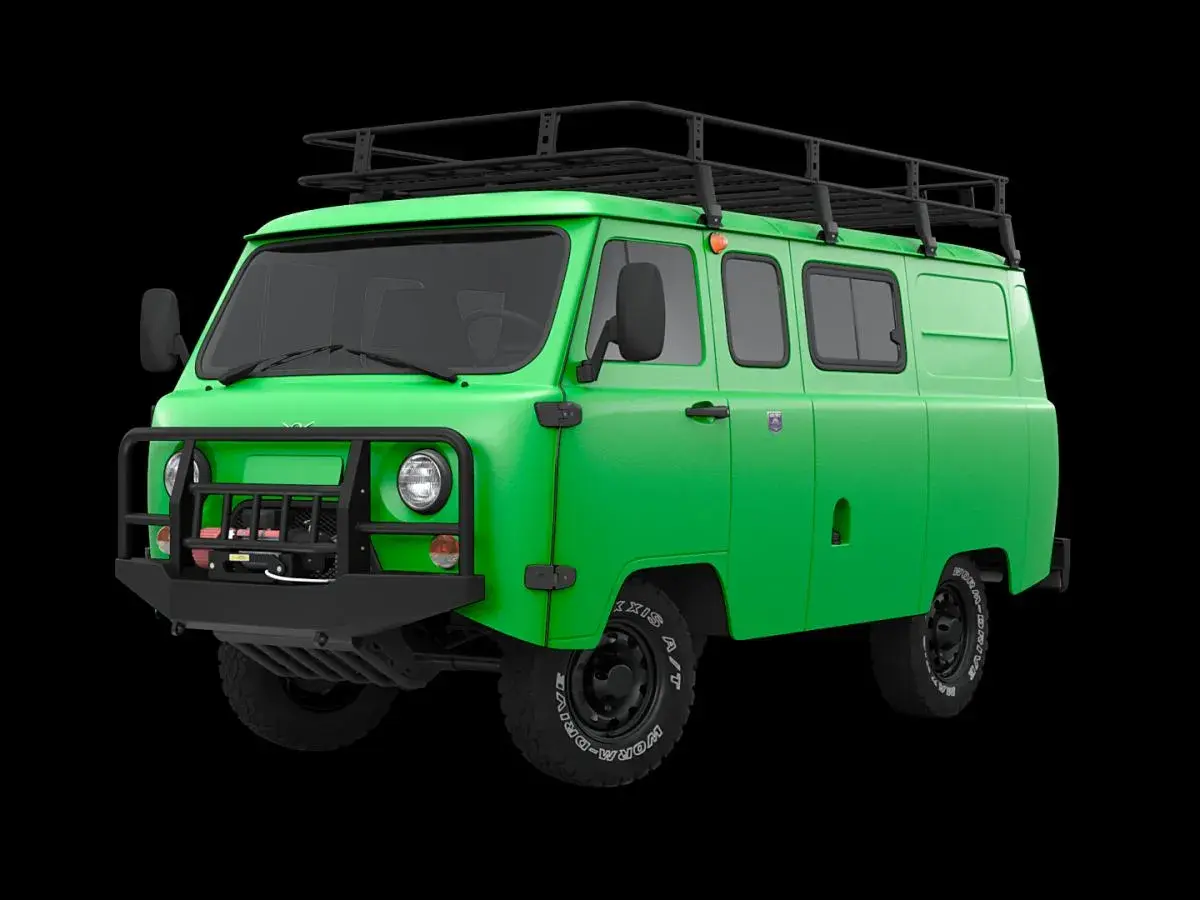Zielony van UAZ z bagażnikiem dachowym i wyciągarką, gotowy na przygodę. Ta marka samochodu na u to symbol wytrzymałości.