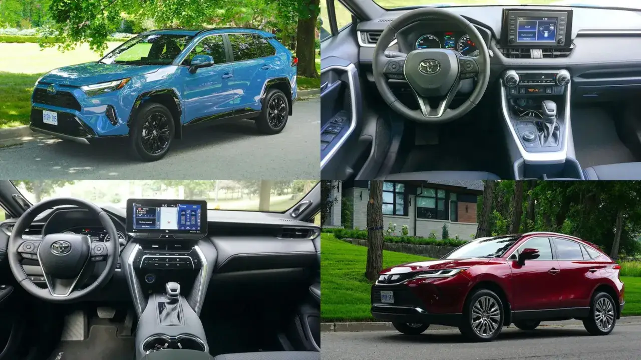 Niebieska i czerwona Toyota Venza na tle zieleni i nowoczesnego domu. Wnętrza aut z ekranami multimediów i wygodnymi fotelami.