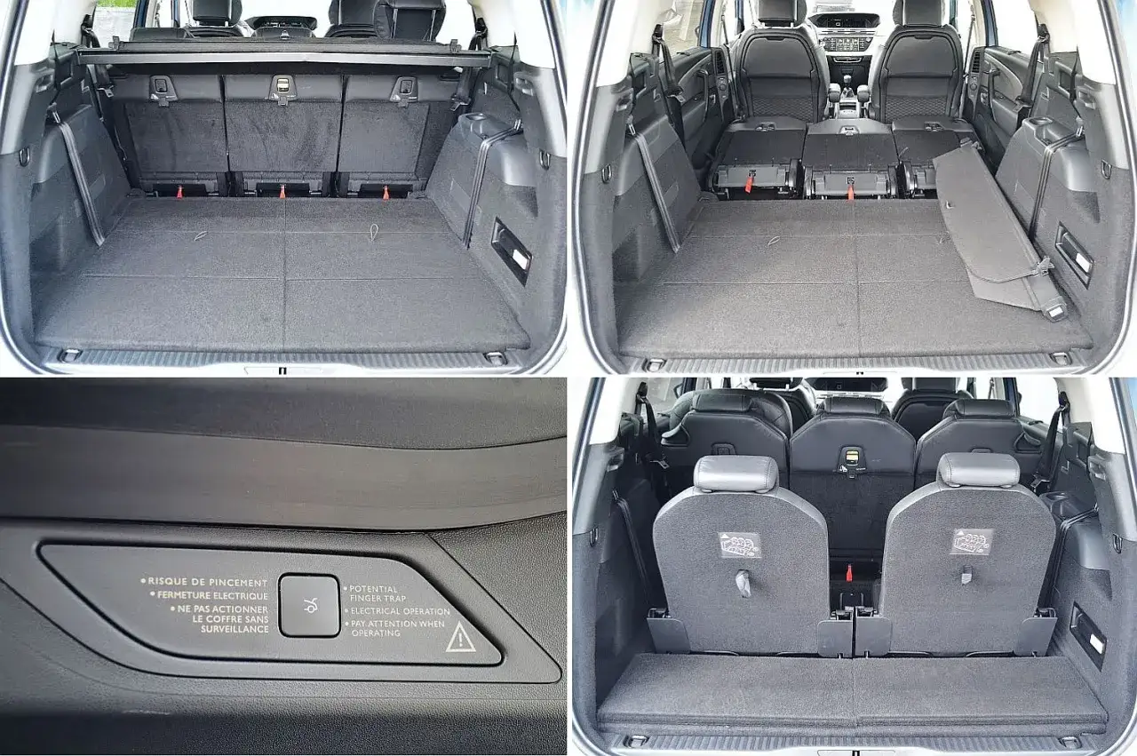 Wnętrze Citroen Picasso z rozłożonymi siedzeniami i pustym bagażnikiem. Widoczne są trzy rzędy siedzeń, a także panel z ostrzeżeniami.