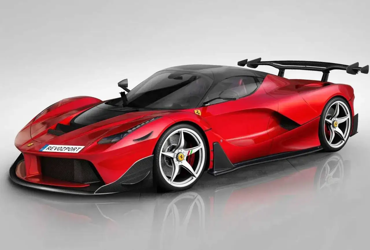 Czerwone Ferrari LaFerrari z czarnym dachem i spoilerem, z karbonowymi elementami i felgami w kształcie gwiazdy.