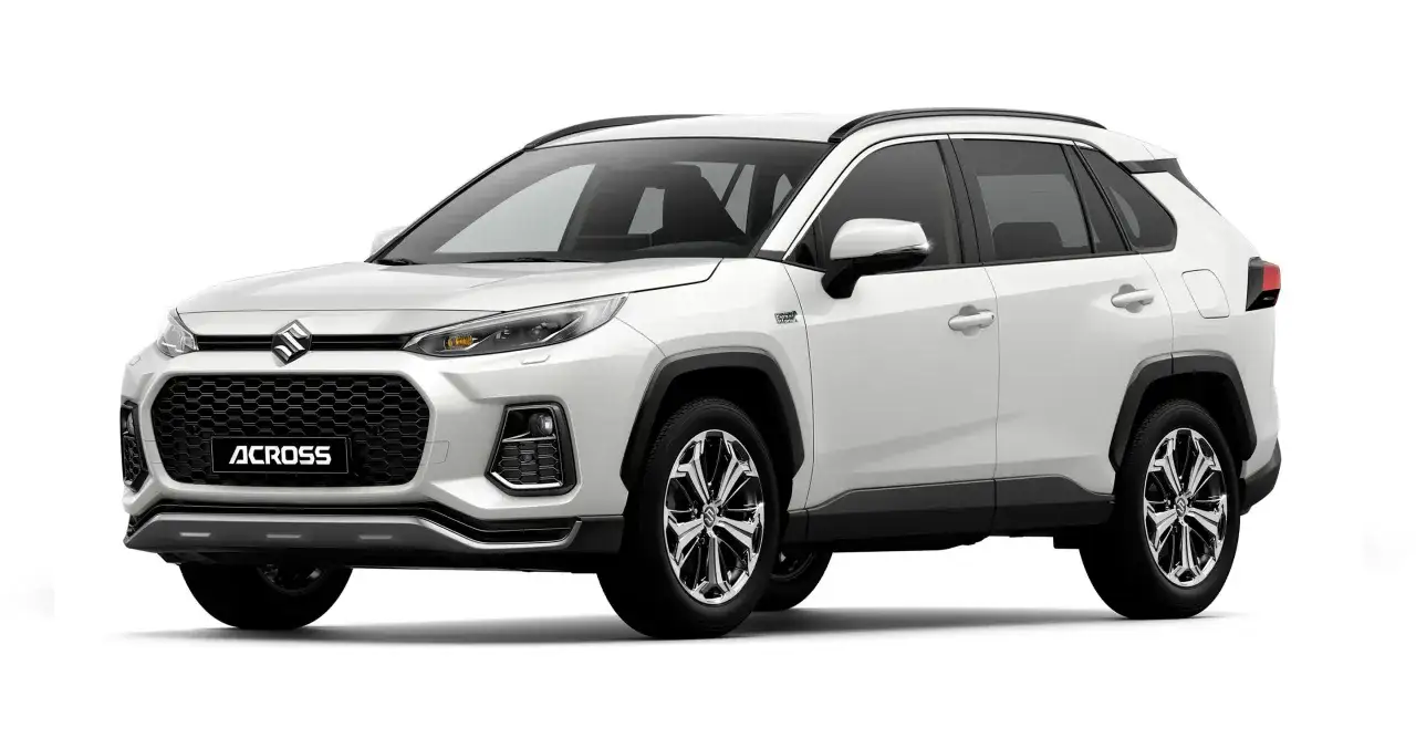 Biały Suzuki Across z czarną atrapą chłodnicy i napisem ACROSS. Stylowy SUV gotowy na każdą podróż.