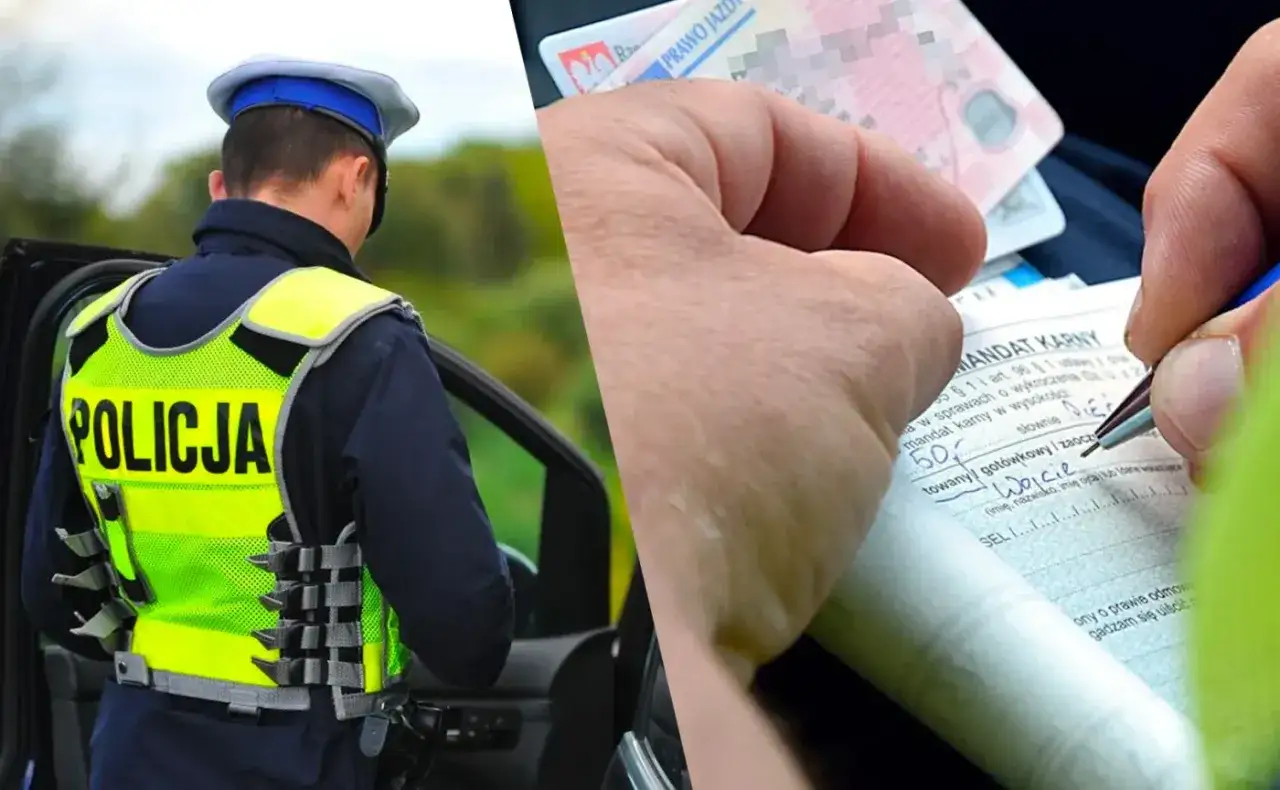 Policjant wypisuje mandat karny za brak pasów. Kierowca dostaje karę finansową.