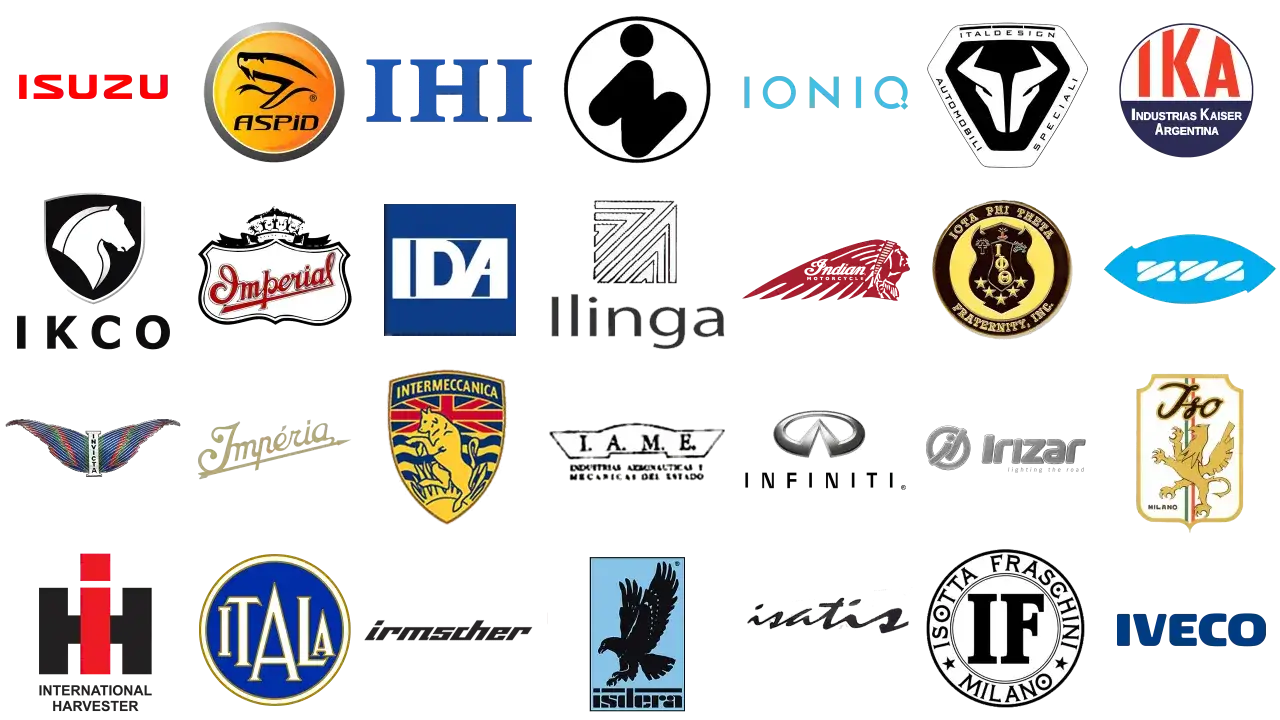 Kolekcja logotypów marek samochodów, w tym Isuzu, IHI, Irizar, Isotta Fraschini i innych.