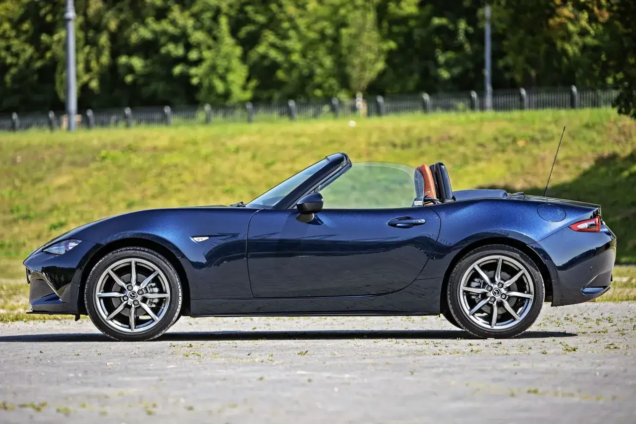 Granatowy roadster z brązowymi zagłówkami, zaparkowany na tle zieleni.