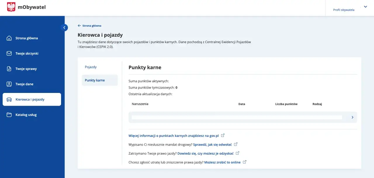 Informacje o punktach karnych i tym, po jakim czasie kasują się punkty karne, znajdziesz w aplikacji mObywatel.