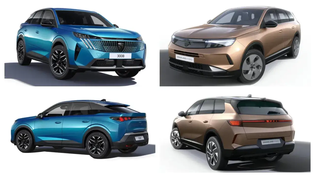 Dwa nowoczesne crossovery: niebieski Peugeot 3008 i brązowy Opel Grandland Hybrid, prezentowane z różnych stron.