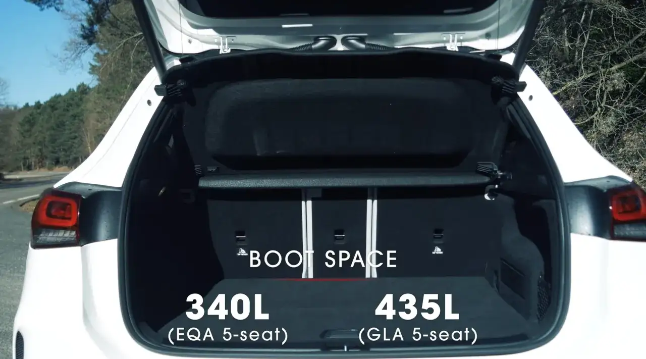 Biały Mercedes EQA z otwartym bagażnikiem. Widoczna przestrzeń bagażowa 340L.