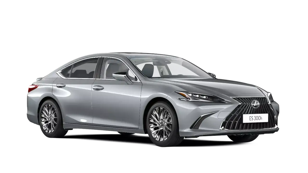 Elegancki, srebrny nowy Lexus ES 300h prezentuje się na czarnym tle, gotowy na podbój dróg.