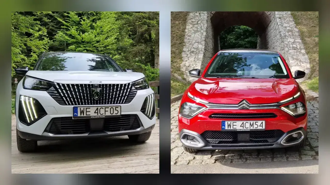 Biały Peugeot i czerwony Citroen C4X stoją obok siebie.
