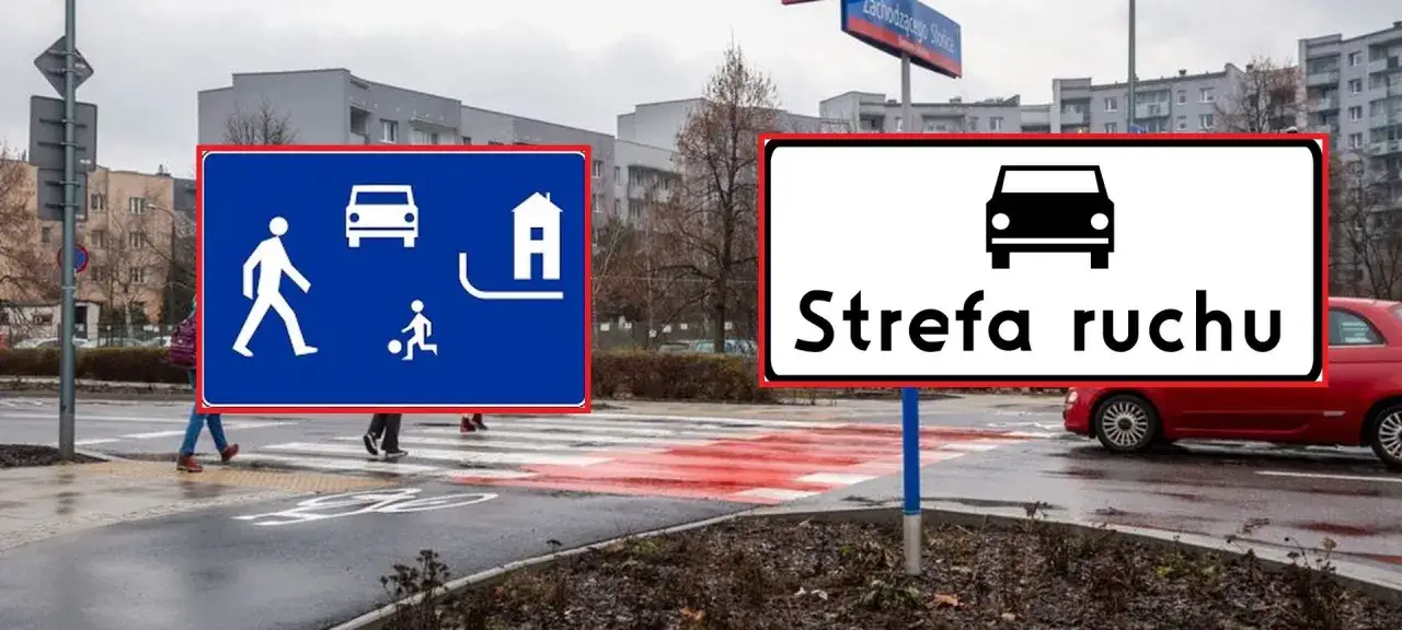 Znak D52 informuje o strefie zamieszkania, gdzie piesi mają pierwszeństwo. Obok znak 