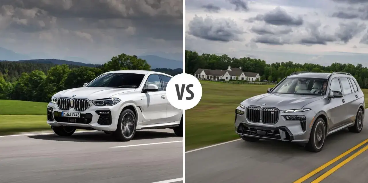 Białe BMW X6 i szare BMW X8 jadą drogą, porównanie dwóch luksusowych SUV-ów.