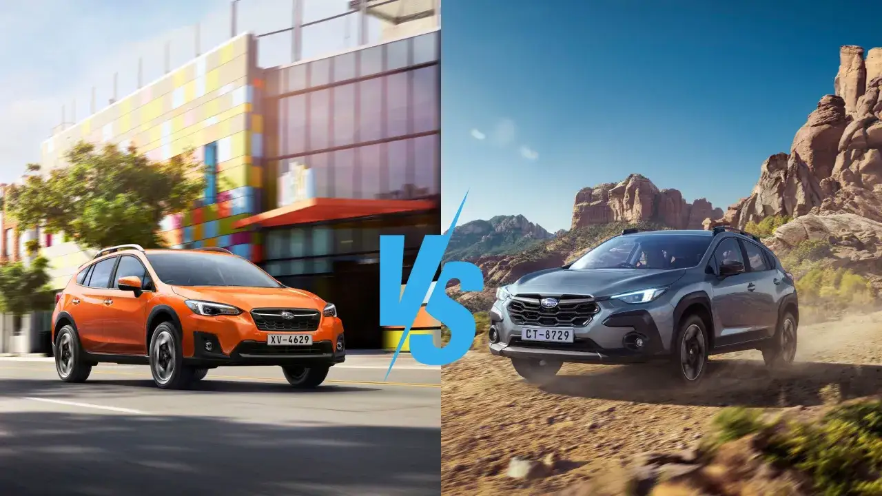 Pomarańczowy Subaru XV na tle miasta i szary Subaru XV w terenie. Który wybierasz?