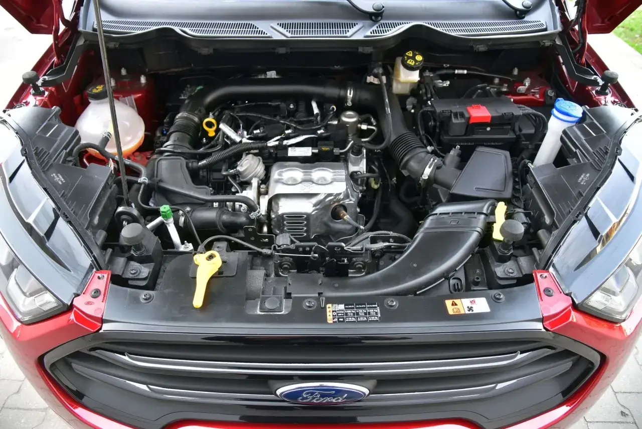 Silnik Ford EcoSport z otwartą maską. Widoczne przewody, zbiorniki i elementy układu napędowego.