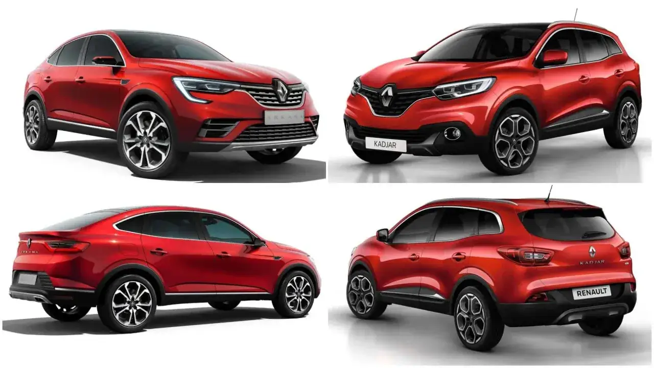 Dwa czerwone renault suv: sportowy Arkana i klasyczny Kadjar, prezentowane z różnych stron.