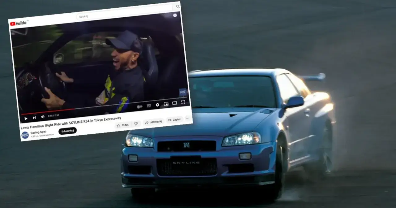 Niebieski Nissan GTR R34 w akcji, a na ekranie YouTube Lewis Hamilton cieszący się nocną przejażdżką tym legendarnym autem.