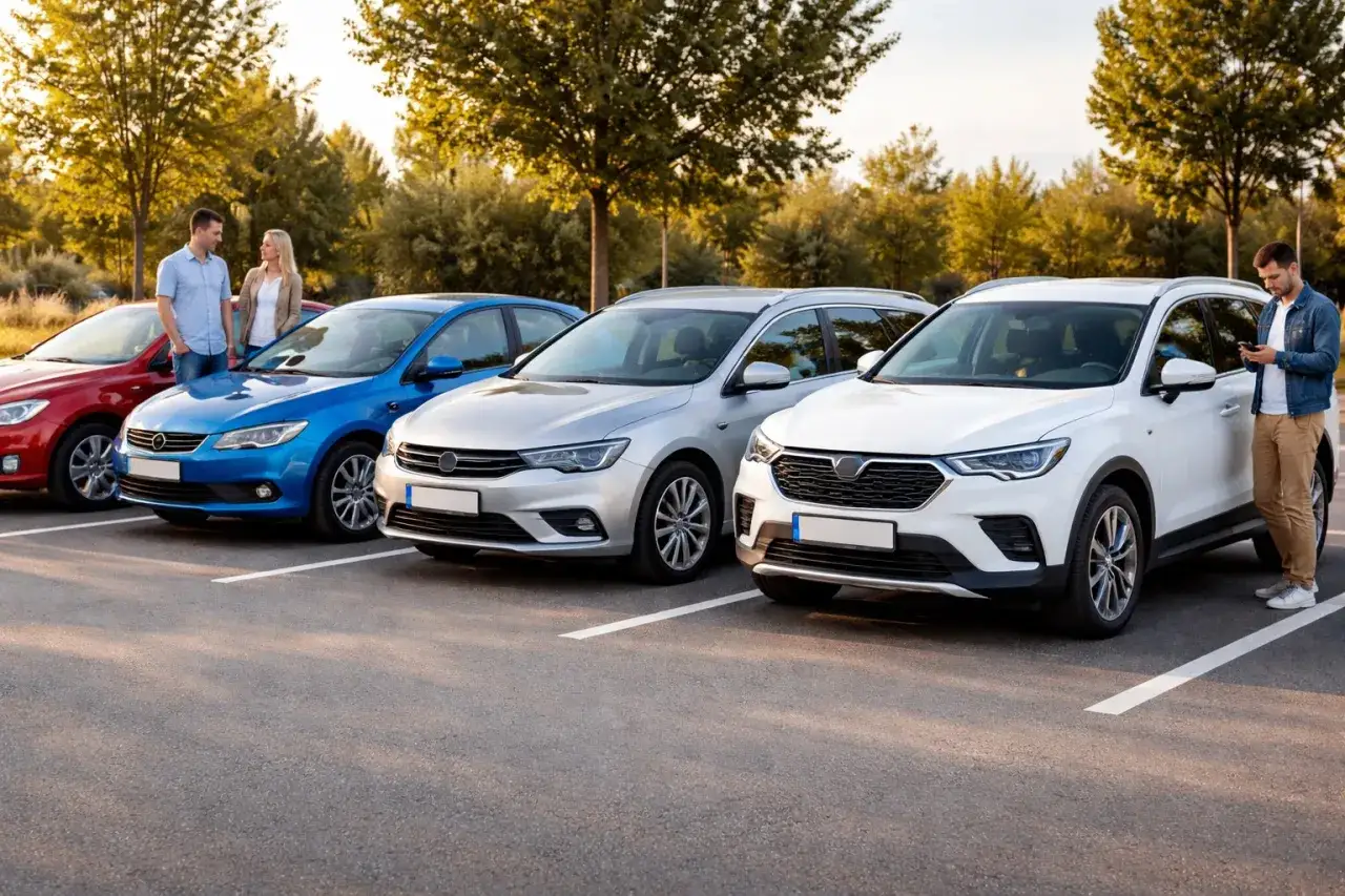 Para samochodów: czerwony, niebieski, srebrny i biały SUV. Para rozmawia obok niebieskiego auta, mężczyzna sprawdza telefon przy białym. Marka samochodu na zdjęciu to różne modele.