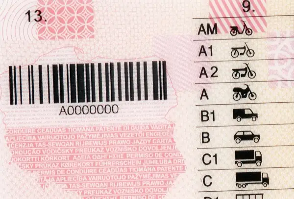 Numer prawa jazdy z kodem kreskowym i kategoriami pojazdów: AM, A1, A2, A, B1, B, C1, C.