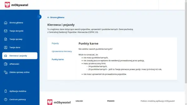 Jak sprawdzić ile mam punktów karnych? Na stronie "Kierowca i pojazdy" w mObywatel znajdziesz informacje o swoich punktach karnych.