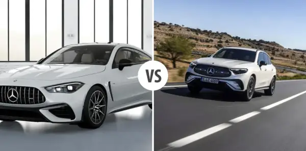 Porównanie dwóch białych Mercedesów: sportowego coupe i SUV-a. Sprawdź, który model lepiej pasuje do Twoich potrzeb, analizując mercedes glc wymiary.
