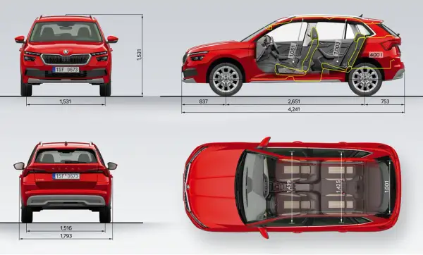 Szczegółowe skoda kamiq wymiary: wysokość 1531 mm, szerokość 1793 mm, długość 4241 mm. Wnętrze oferuje 1051 mm miejsca na nogi z przodu i 1003 mm z tyłu.
