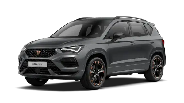 Szary Cupra Ateca, sportowy SUV z charakterystycznym logo i felgami z miedzianymi akcentami, gotowy na każdą drogę.