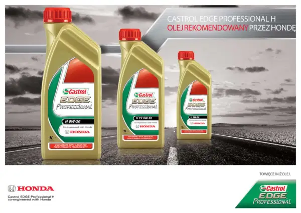 Trzy butelki oleju Castrol EDGE PROFESSIONAL H, rekomendowanego przez Hondę, stoją na drodze.