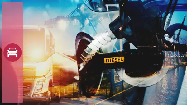 Dystrybucja paliwa, gdzie ropa to diesel, zasila ciężarówki i portowe dźwigi, symbolizując transport i logistykę.