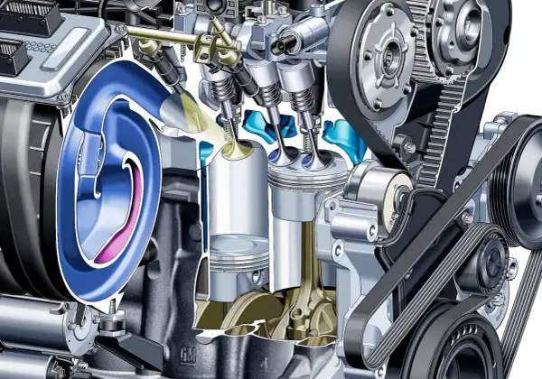 Przekrój silnika z widocznymi tłokami, zaworami i paskiem rozrządu. Ilustracja pokazuje mechanizm, który może prowadzić do spalania stukowego.